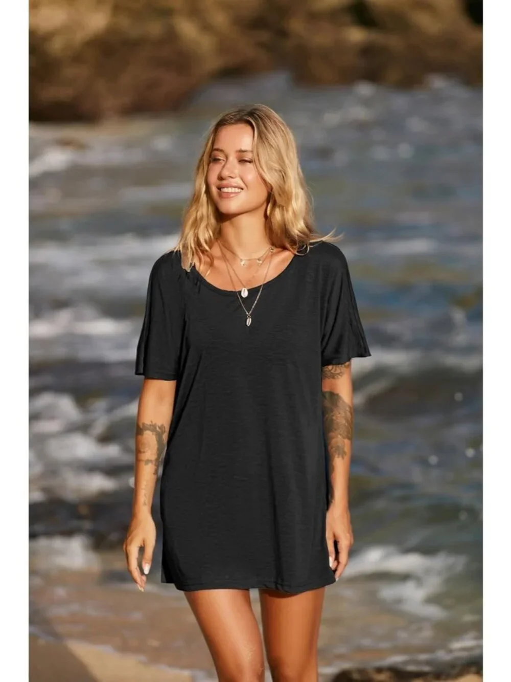 Women's Black Short Sleeve Cover Ups for Beach Bathing Suit Swimwear